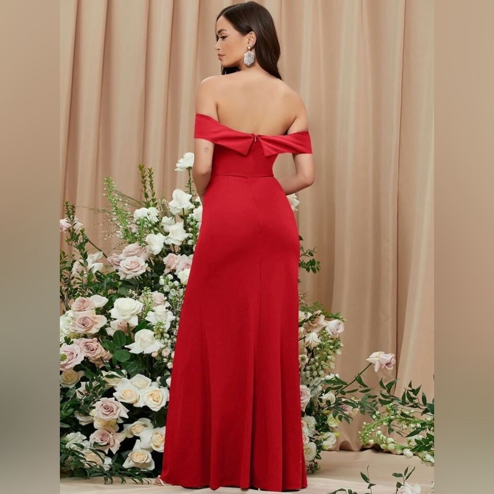 WOMENS RED SLIT OFF THE SHOULDER DRESS - Picture 2 of 4